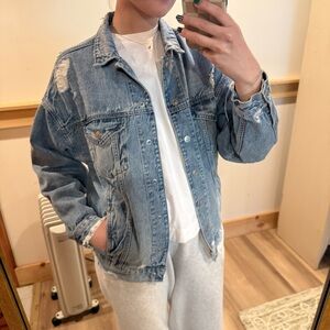 Distressed Blue Denim Jacket with Pockets